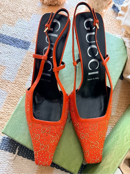 Gucci Shoes - Gucci Orange Crystal-Studded Slingback Pumps